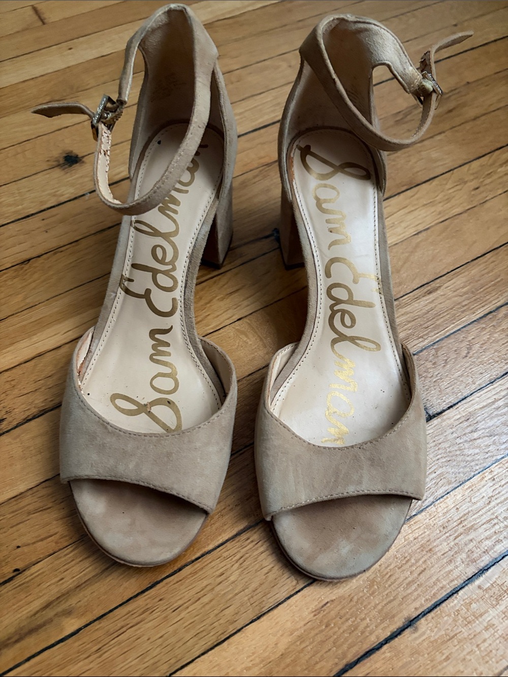 Sam Edelman Beige Suede Ankle-Strap Block Heels